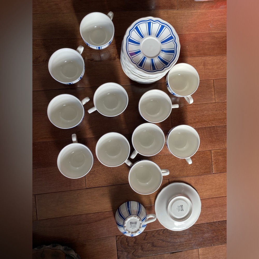 Set of 12 IKEA tea cups + saucers Vtg Art Deco Retro Design white & cobalt blue